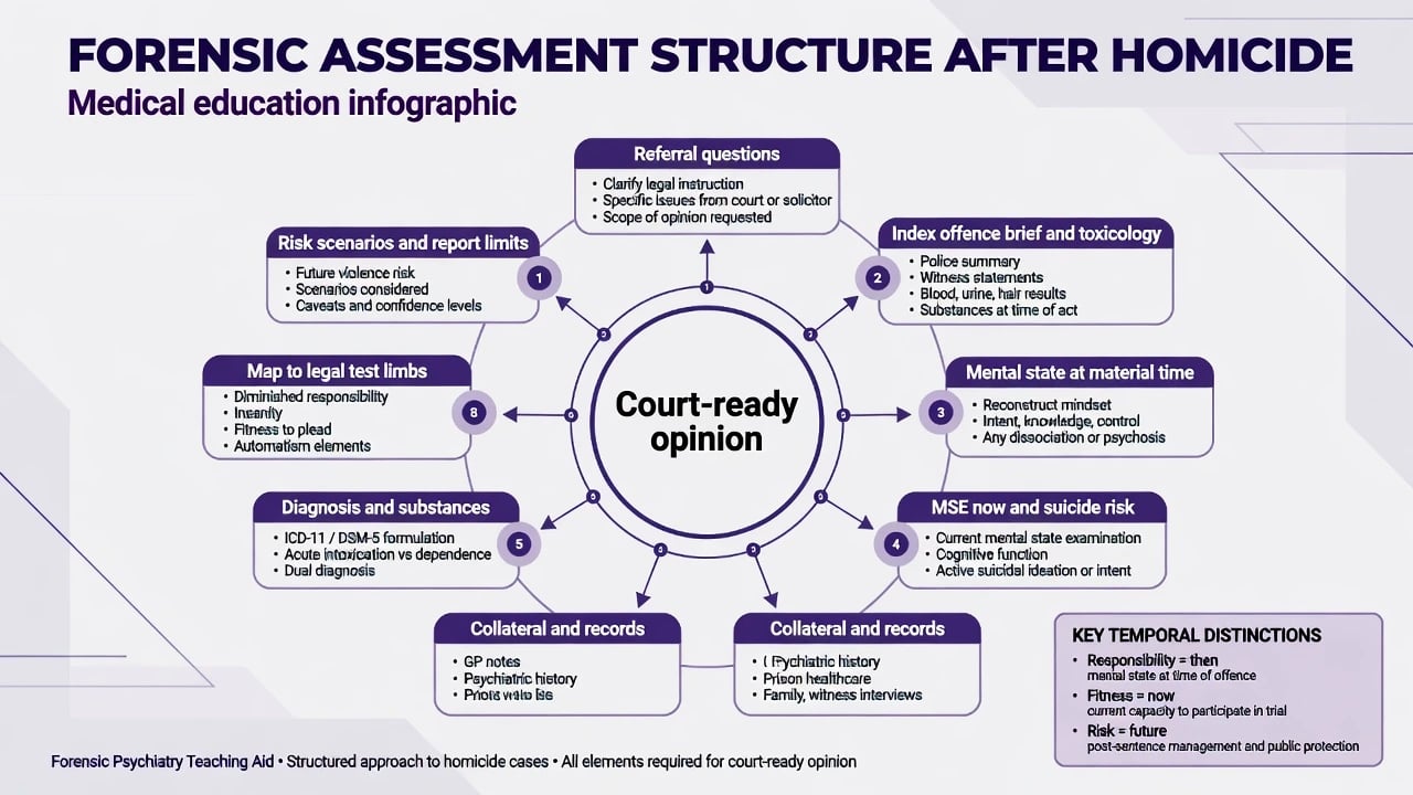 Circular forensic assessment structure after homicide centred on court-ready opinion with multi-source nodes