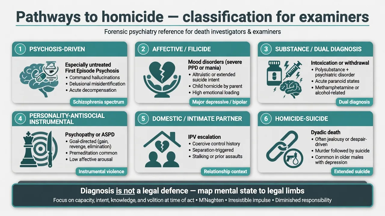 Six examiner pathways to homicide: psychosis-driven, affective filicide, substance dual diagnosis, personality-antisocial instrumental, domestic intimate partner, and homicide-suicide