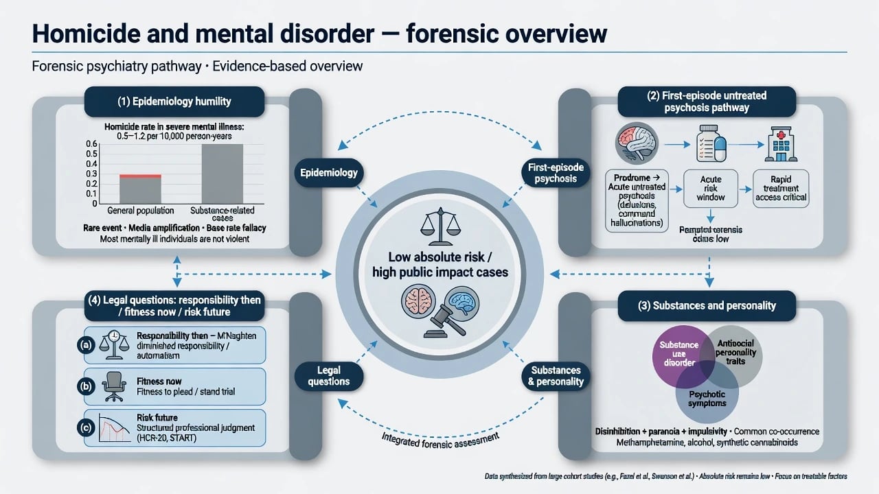 Forensic overview of homicide and mental disorder with four pillars: epidemiology humility, first-episode untreated psychosis, substances and personality, and legal time-point questions