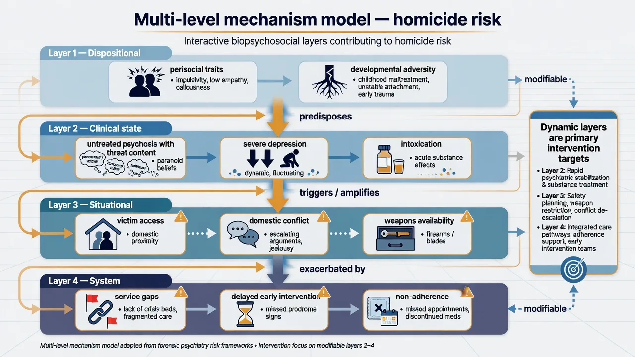 Four-layer multi-level mechanism model of homicide risk: dispositional, clinical state, situational, and system