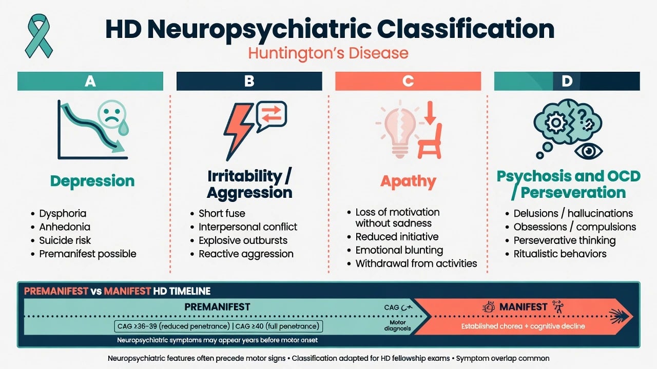 Classification diagram of depression, irritability, apathy, and psychosis or perseveration in Huntington disease