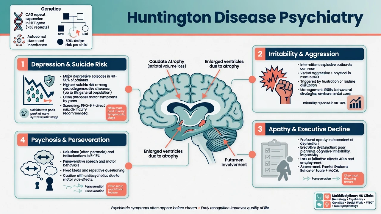 Educational overview of Huntington disease psychiatry covering depression, irritability, apathy, psychosis, genetics, and multidisciplinary care
