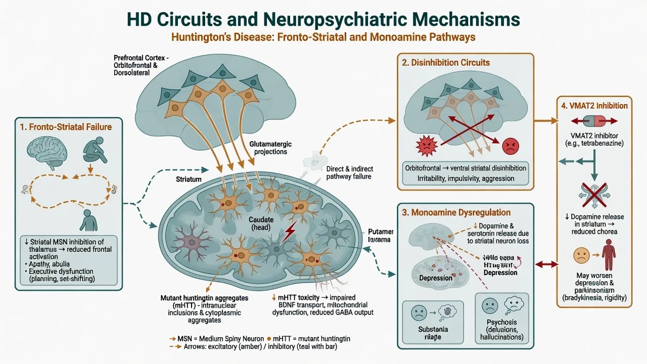 Pathophysiology diagram of fronto-striatal circuit failure and VMAT2 monoamine effects linking Huntington disease to psychiatric syndromes