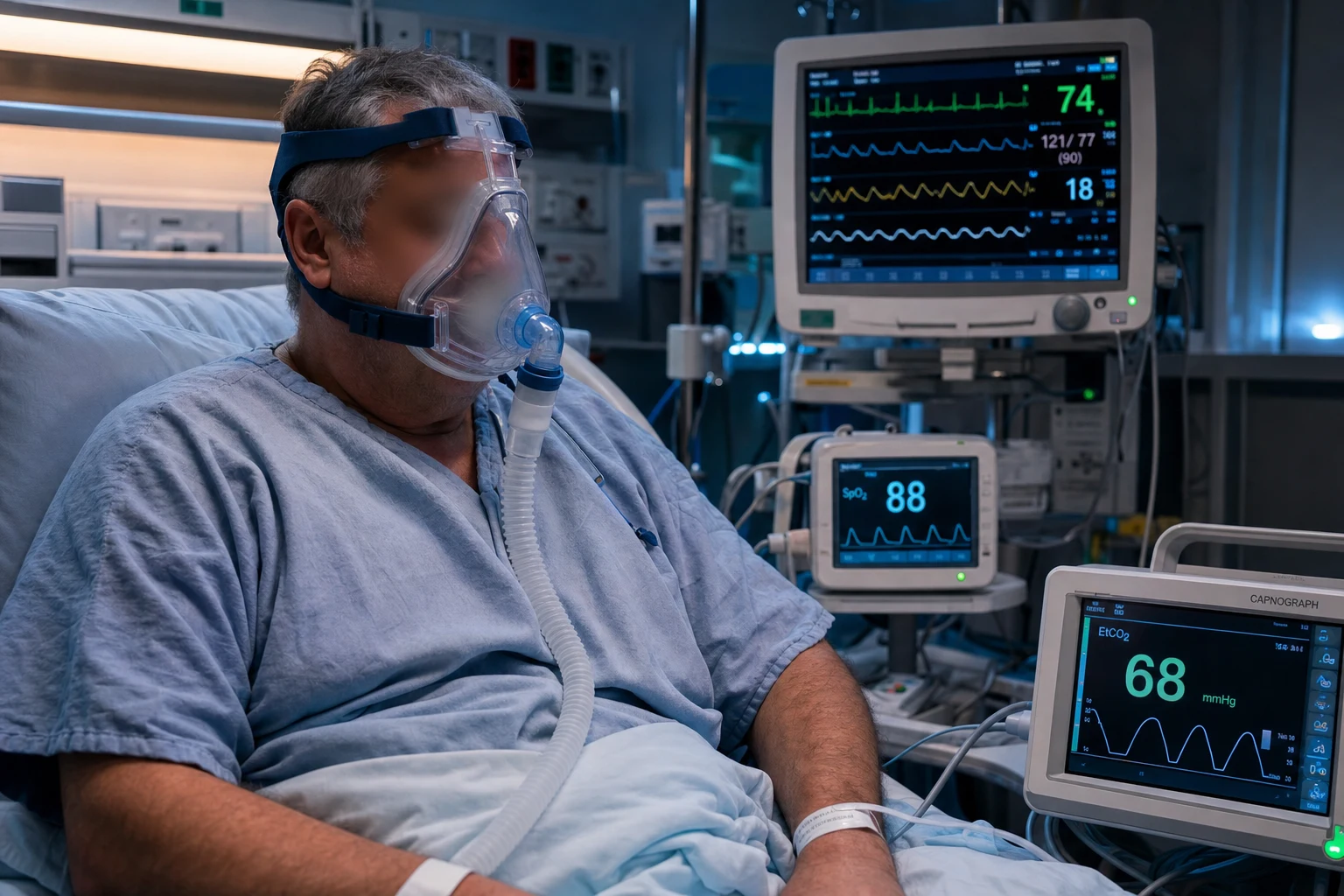 Cinematic ICU scene of a patient with chronic obstructive pulmonary disease receiving non-invasive ventilation via a tight-fitting face mask, sitting upright, a capnograph showing a high value, a cardiac monitor, the patient drowsy with warm flushed peripheries, clinical-blue lighting