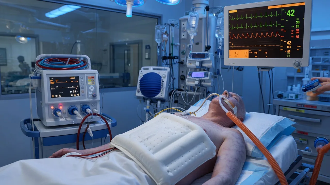 Cinematic ICU scene of a hypothermic patient on an active rewarming device with an Osborn wave visible on the ECG monitor and a low core-temperature reading, clinical-blue lighting, medical educational, no faces, no text