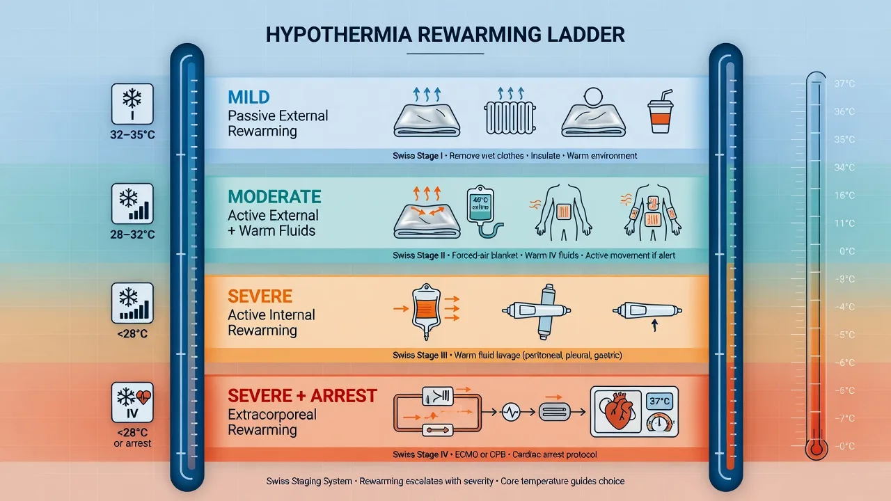 Educational rewarming ladder for accidental hypothermia: passive external mild, active external moderate, active internal severe, ECMO or CPB for arrest
