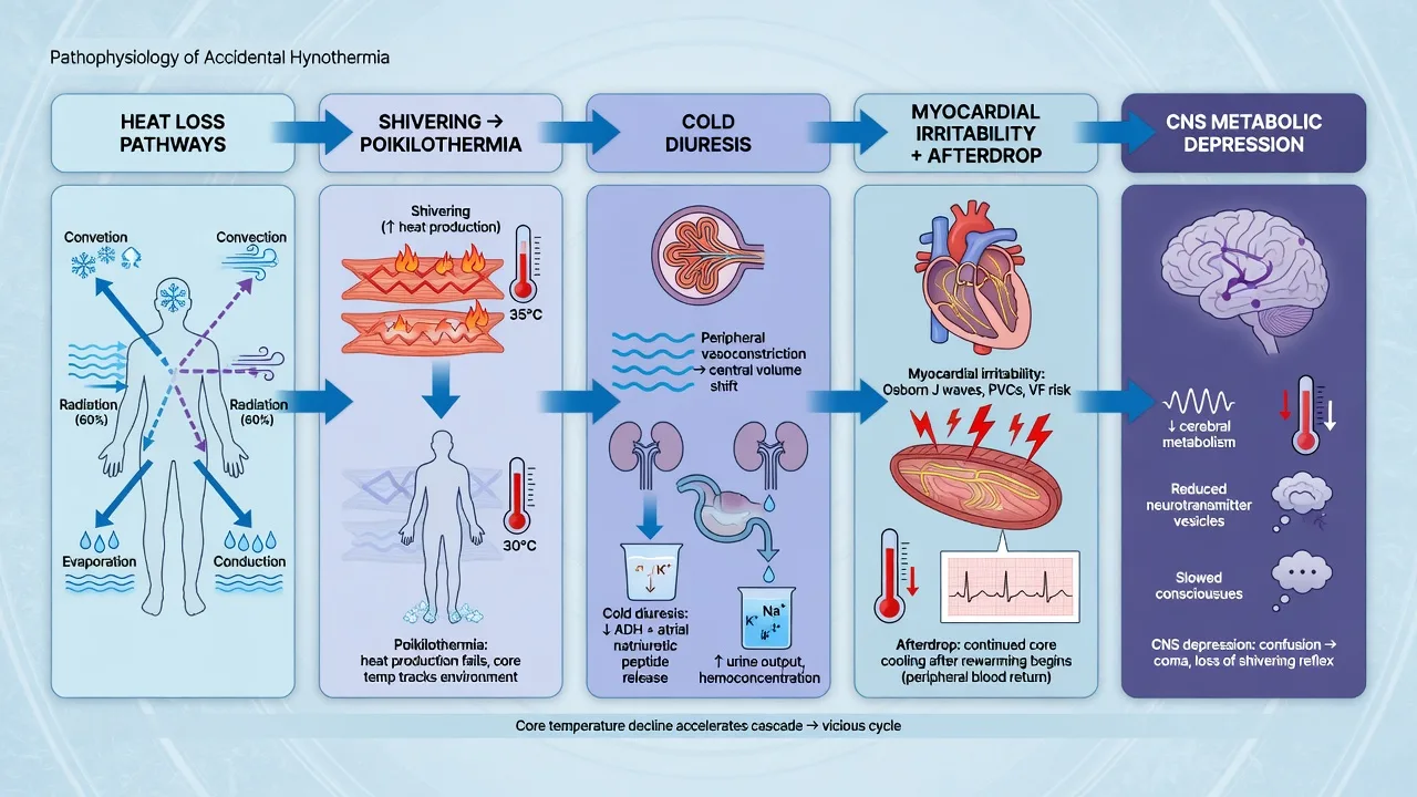 Educational schematic of accidental hypothermia pathophysiology: heat loss pathways, shivering to poikilothermia, cold diuresis, myocardial irritability afterdrop, CNS metabolic depression