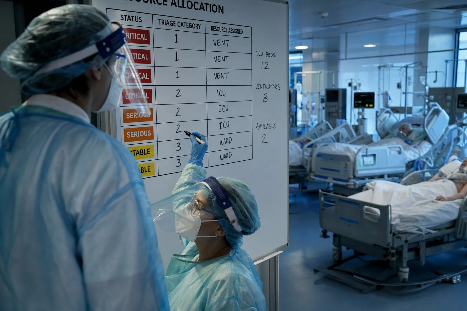 Cinematic ICU scene of a structured ICU handover using the ISBAR framework at the bedside, a checklist on a clipboard, a team gathered with closed-loop read-back, clinical-blue lighting, medical educational, no faces, no text