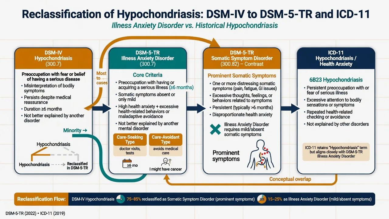 Classification map of DSM-IV hypochondriasis reorganisation into DSM-5-TR illness anxiety disorder and somatic symptom disorder, with ICD-11 hypochondriasis framing