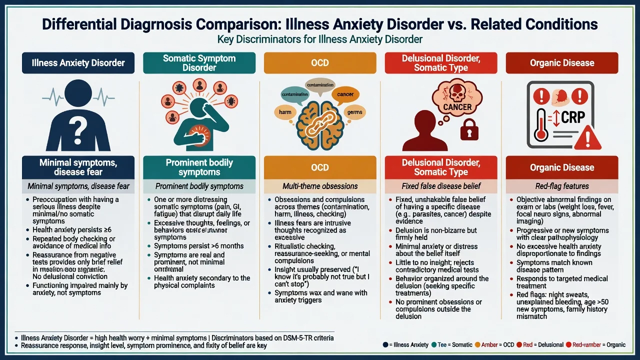 Differential comparison of illness anxiety disorder, somatic symptom disorder, OCD, delusional disorder somatic type, and organic disease