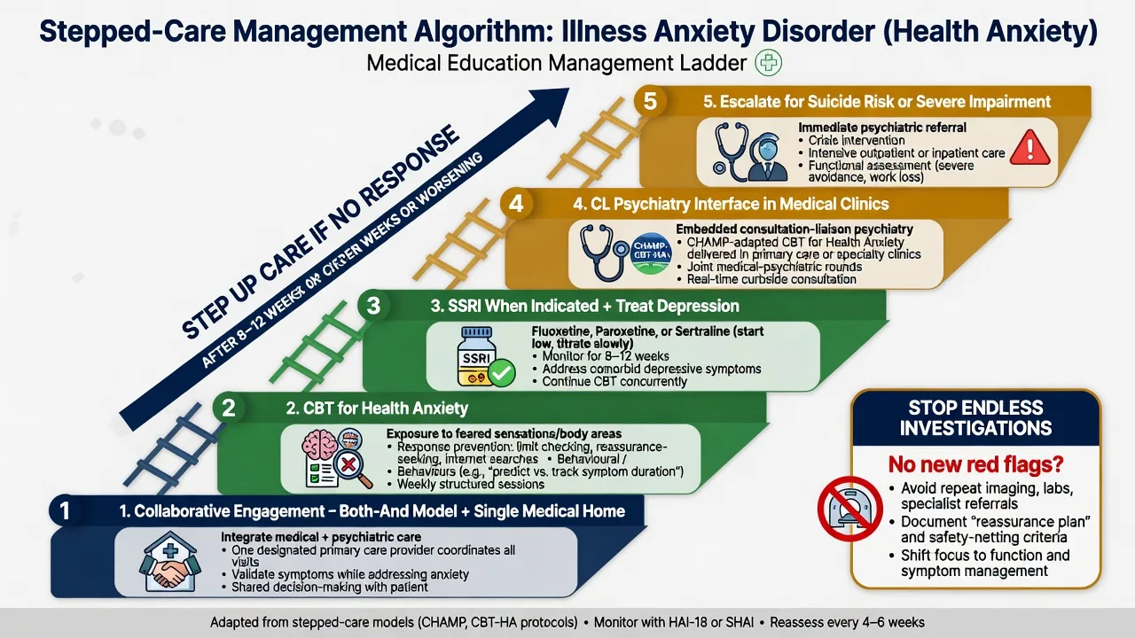 Stepped management of illness anxiety disorder: collaborative care, CBT for health anxiety, SSRI, CL interface, risk escalation