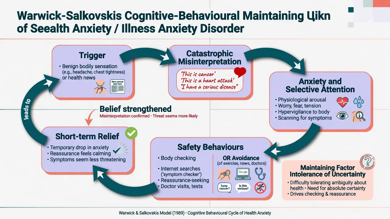 Cognitive-behavioural maintaining cycle of illness anxiety: trigger, catastrophic misinterpretation, anxiety, safety behaviours, short relief, strengthened belief