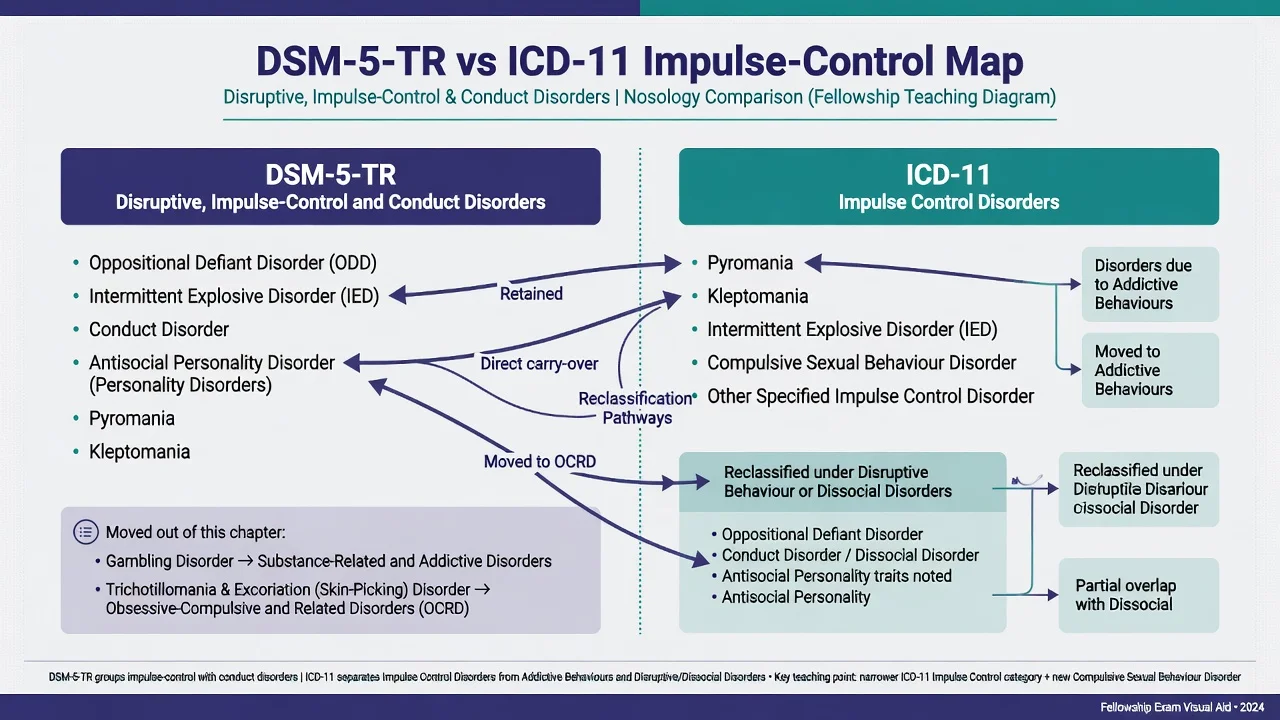 Two-column DSM-5-TR versus ICD-11 map of impulse-control related disorders and reclassifications