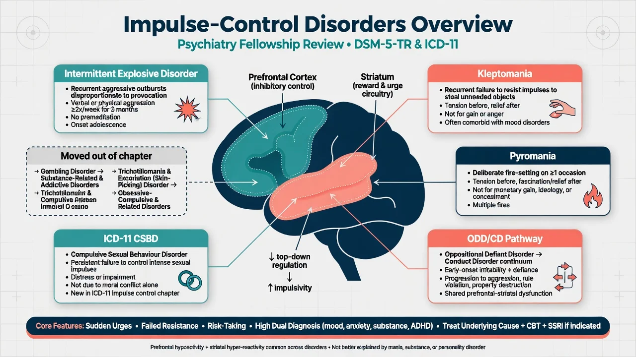 Educational overview infographic of impulse-control disorders covering IED kleptomania pyromania CSBD and reclassified conditions