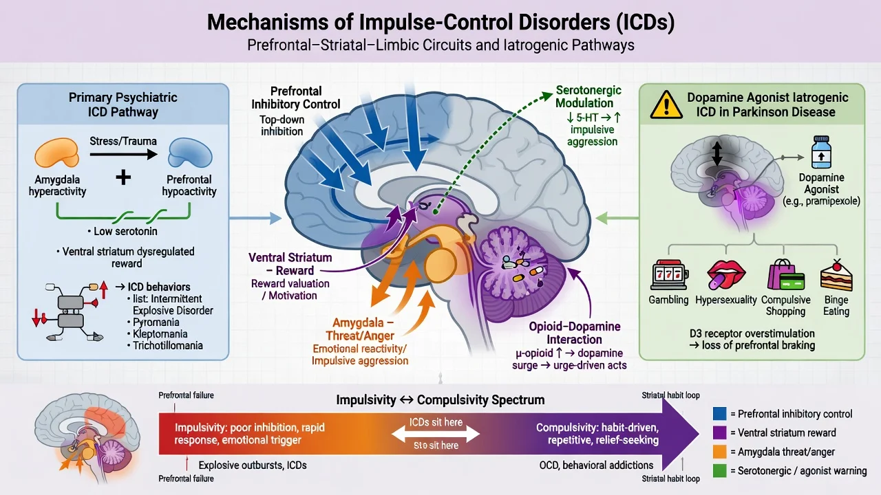 Brain circuit schematic of prefrontal inhibition striatum reward amygdala anger serotonin and dopamine-agonist ICD pathway