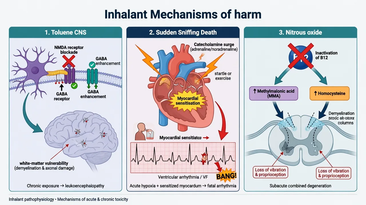 Mechanisms of toluene CNS toxicity, sudden sniffing death arrhythmia and nitrous oxide B12 myeloneuropathy