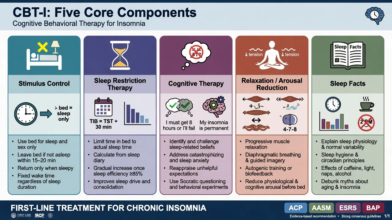 Five core CBT-I components: stimulus control, sleep restriction, cognitive therapy, relaxation, education