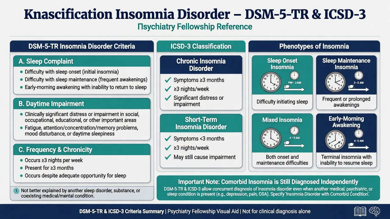 DSM-5-TR and ICSD-3 classification map for chronic vs short-term insomnia and clinical phenotypes