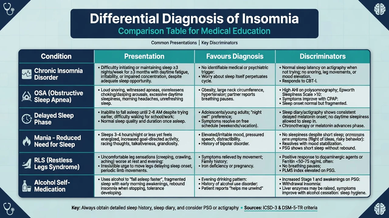 Differential diagnosis table contrasting insomnia disorder with OSA, DSPD, mania, RLS, and alcohol self-medication