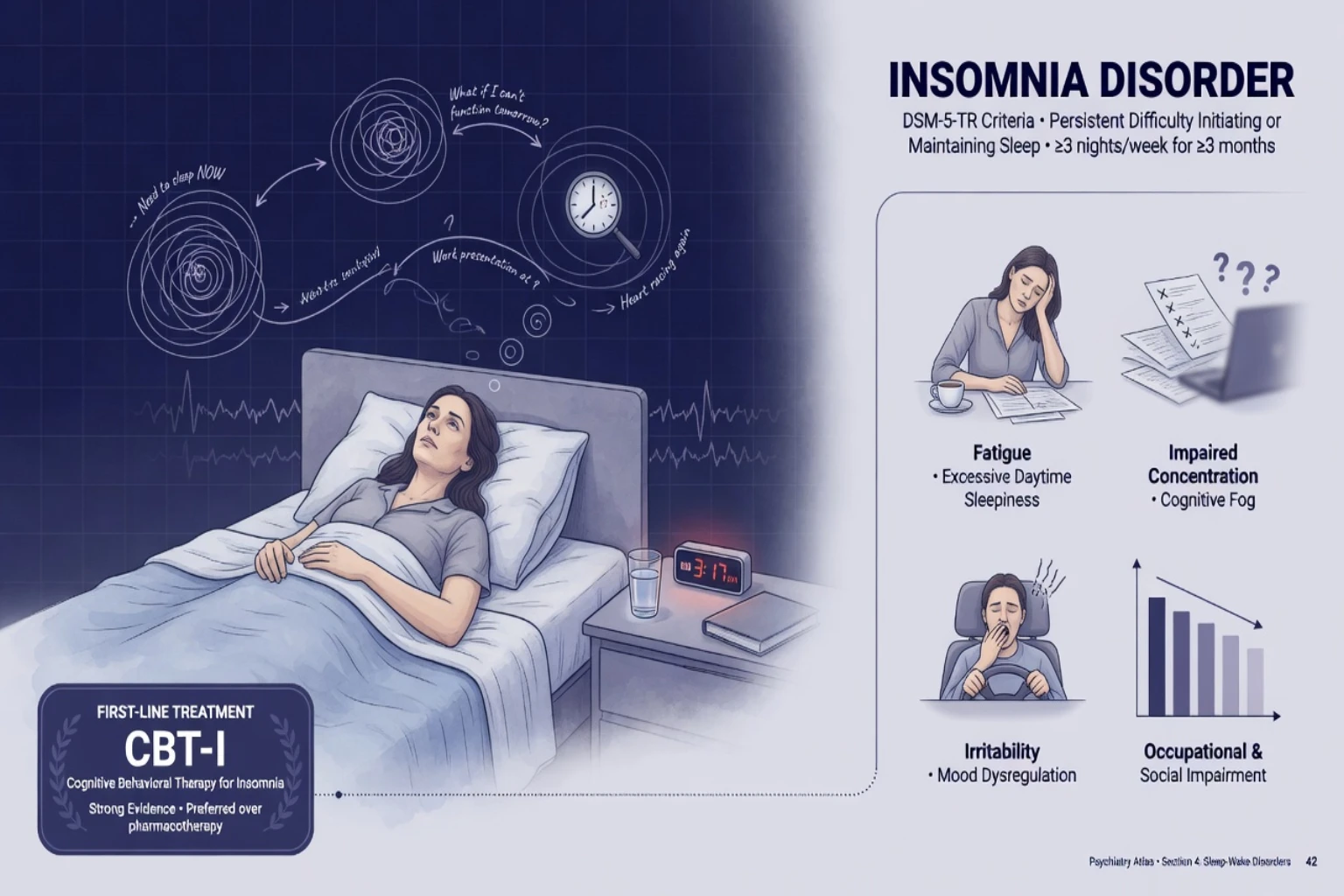 Overview of insomnia disorder with hyperarousal at night, daytime impairment, and CBT-I first-line framing