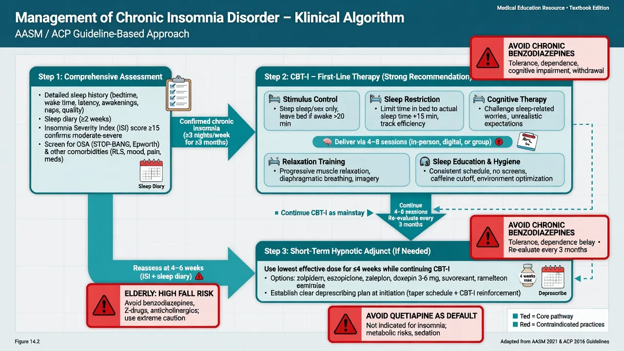 Stepped care algorithm for chronic insomnia with CBT-I first and short-term hypnotic adjunct with deprescribing