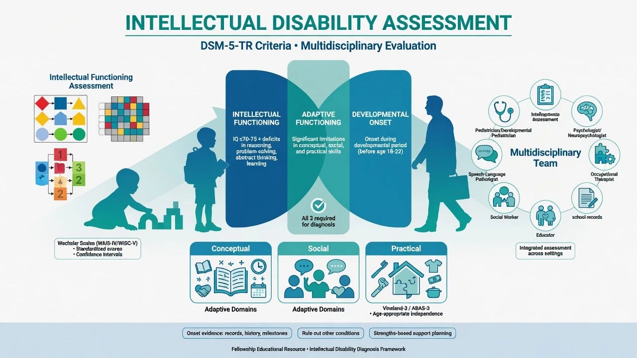 Intellectual disability assessment framework showing intellectual functioning adaptive functioning and developmental onset
