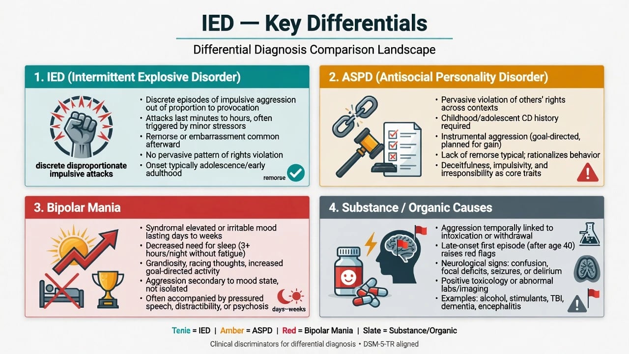 Differential panels: IED vs ASPD vs bipolar mania vs substance/organic causes