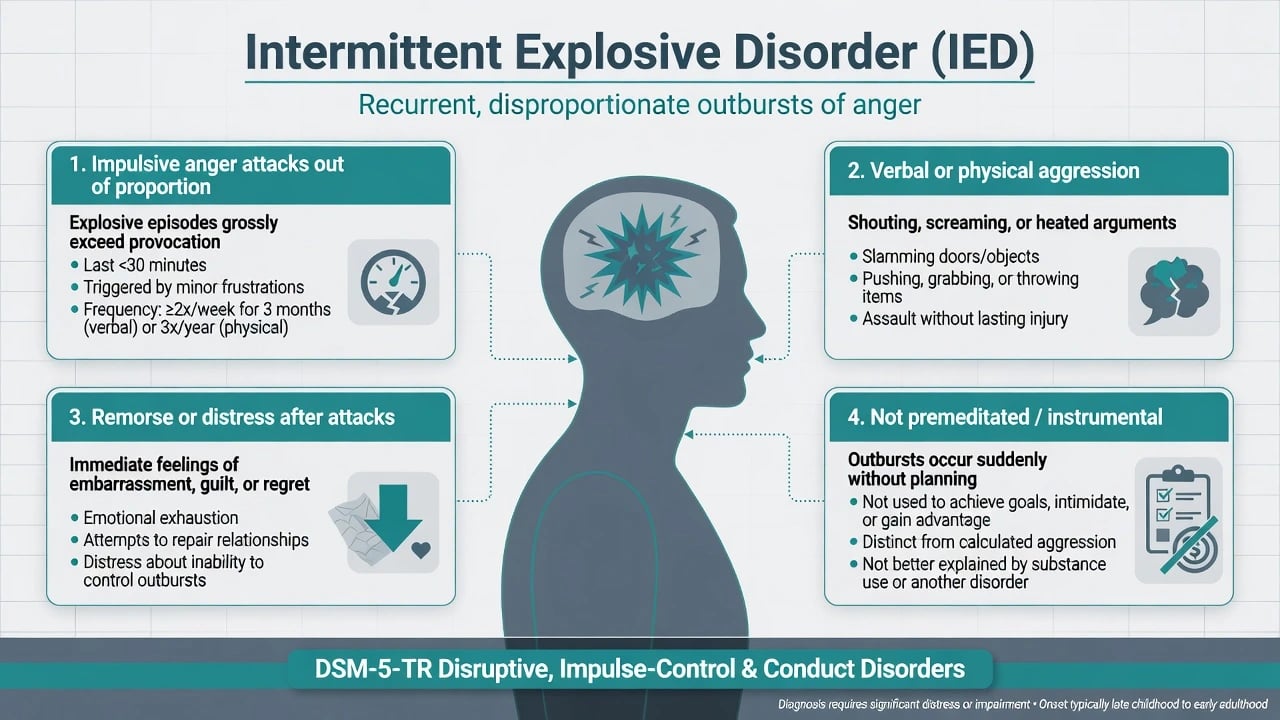 IED overview: impulsive disproportionate anger attacks, verbal or physical aggression, remorse after attacks, not premeditated