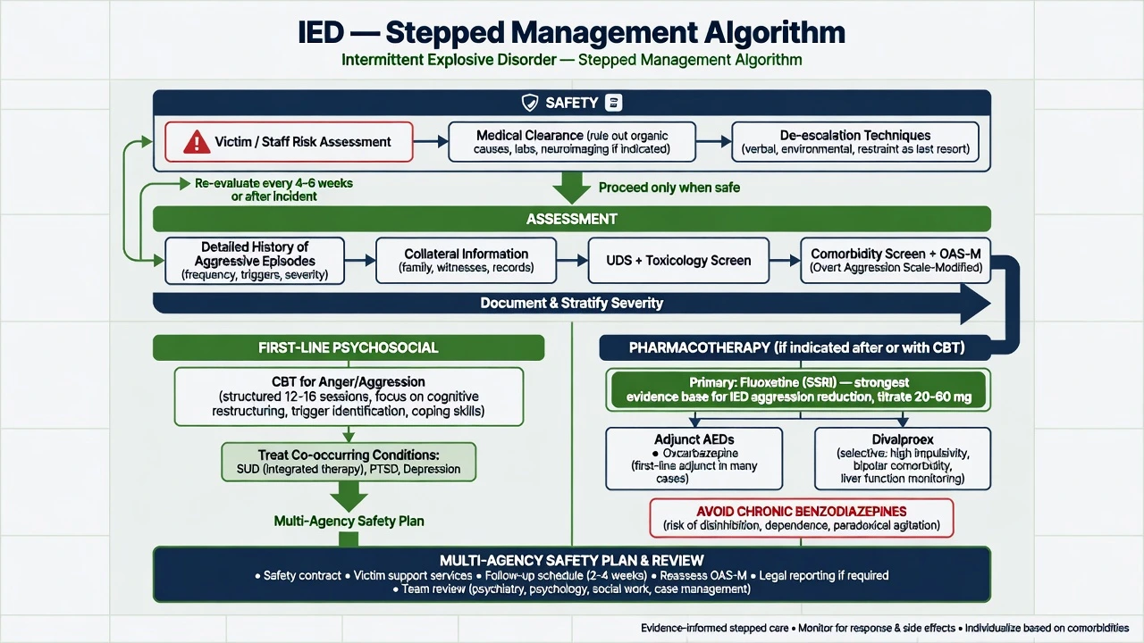 IED stepped management: safety, assessment, CBT first-line, fluoxetine primary pharmacotherapy, AED adjuncts, avoid chronic benzodiazepines