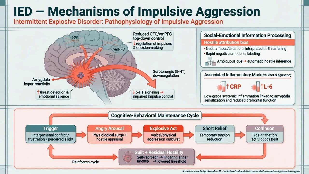 IED mechanisms: amygdala hyper-reactivity, reduced prefrontal control, 5-HT downregulation, hostile attribution, inflammatory markers, CBT maintenance cycle