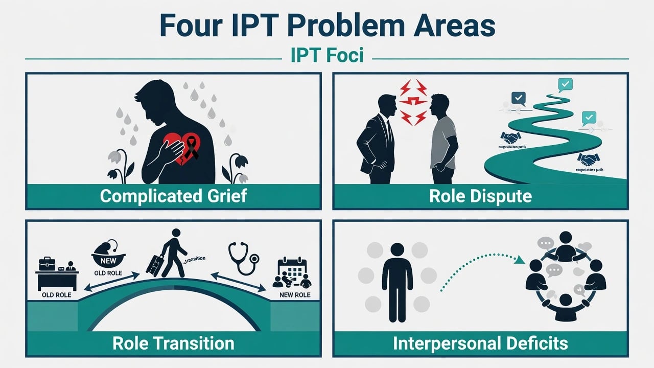 Four IPT foci: complicated grief, role dispute, role transition, interpersonal deficits