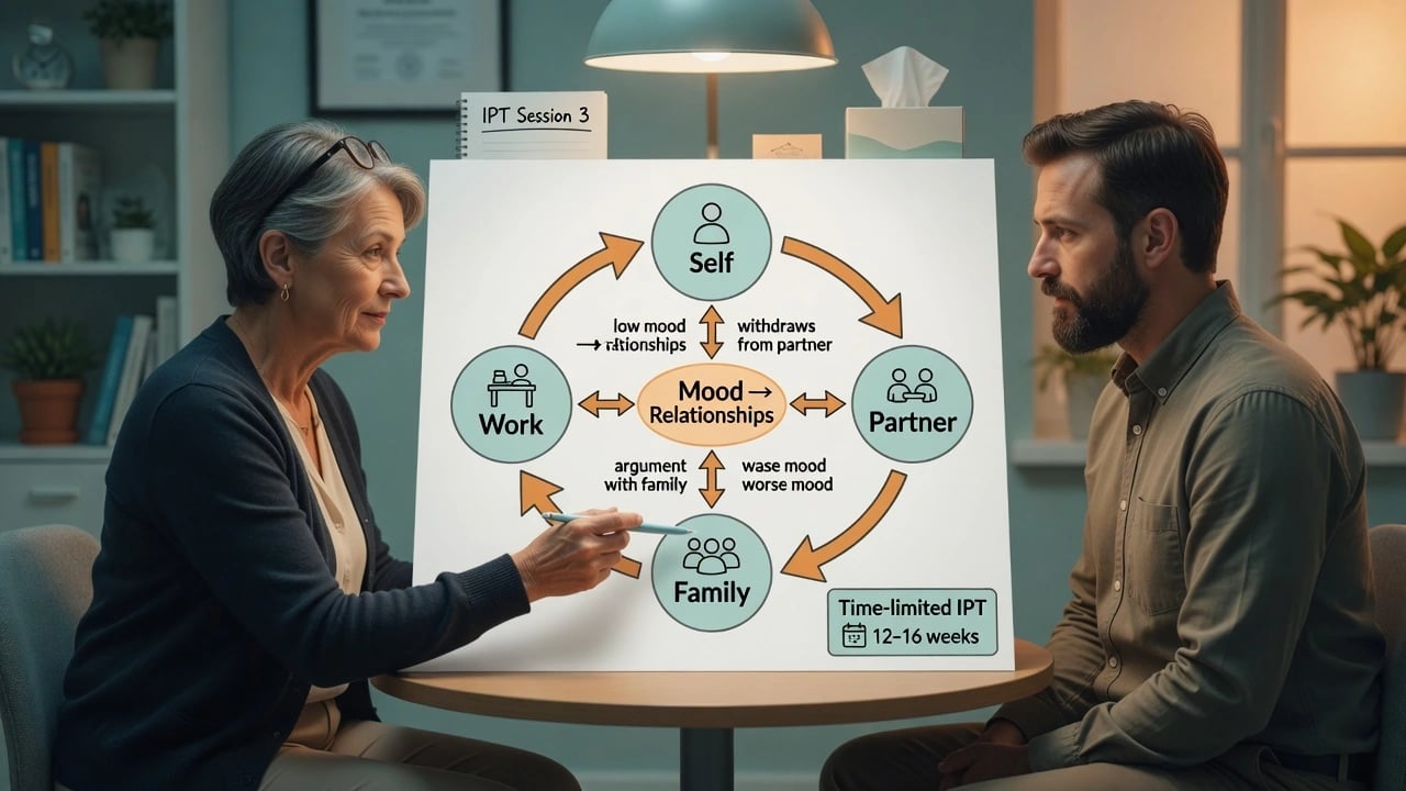 Psychiatrist and patient reviewing a mood-relationship interpersonal map in a time-limited IPT session