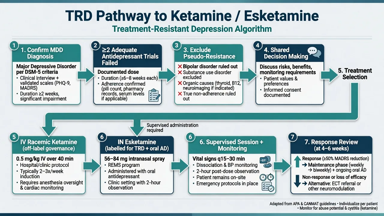 Flowchart from confirmed MDD through two failed antidepressant trials to supervised ketamine or esketamine pathways