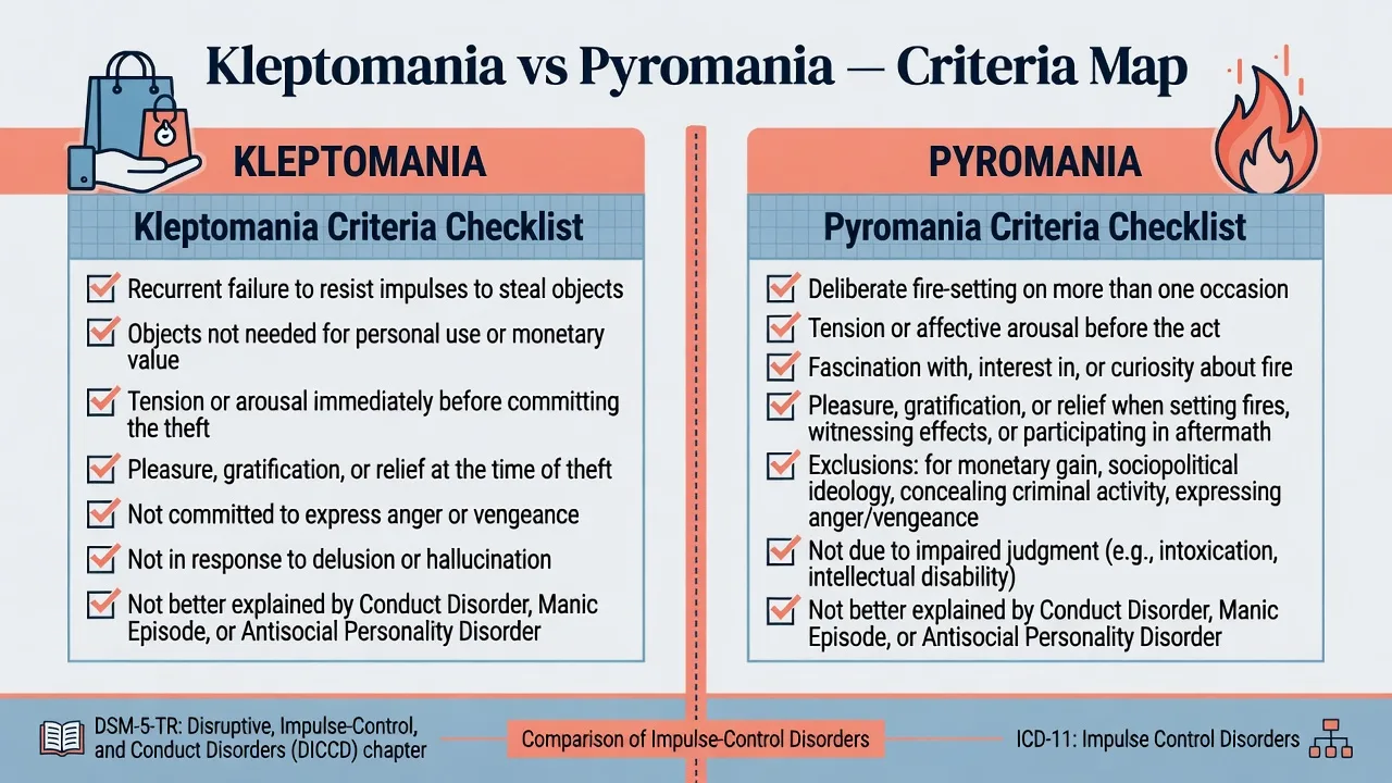 DSM-5-TR criteria checklists for kleptomania and pyromania with chapter and ICD-11 placement
