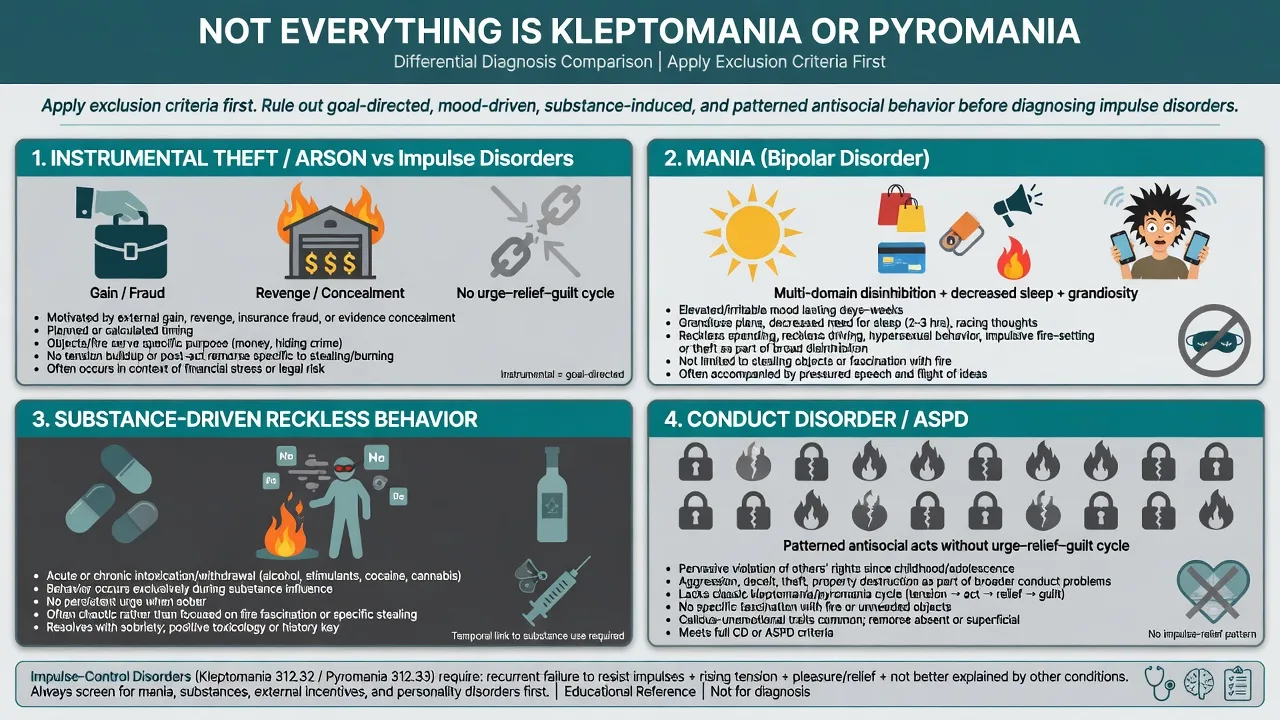 Four-panel differential: instrumental crime, mania, substance-driven behaviour, and CD/ASPD versus kleptomania or pyromania