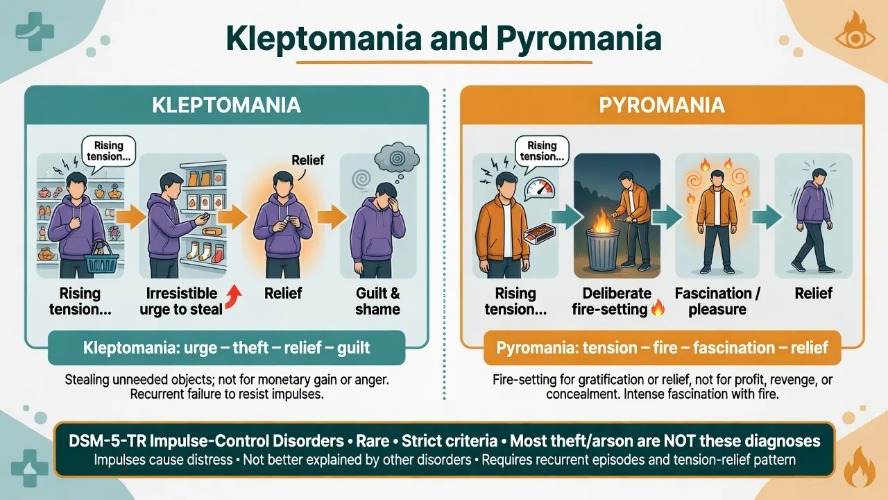 Side-by-side clinical overview of kleptomania urge-theft-relief-guilt cycle and pyromania tension-fire-fascination-relief cycle