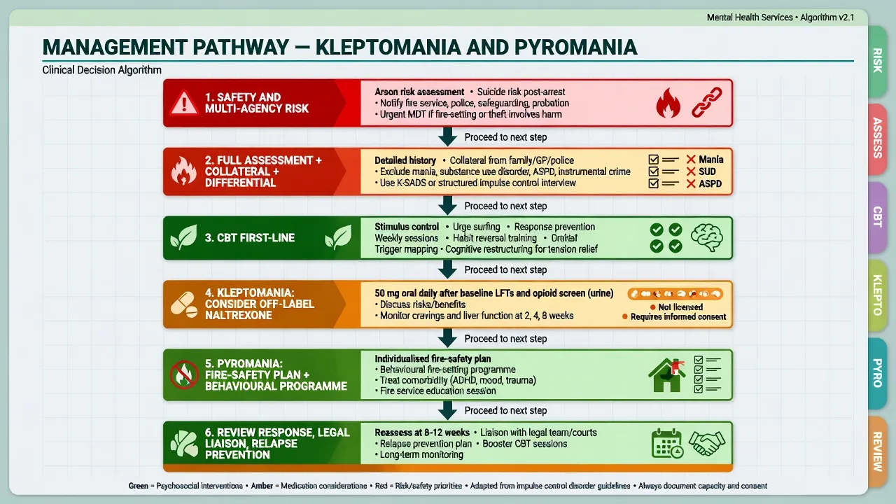 Stepped management algorithm: safety, assessment, CBT, naltrexone for kleptomania, fire-safety for pyromania, review