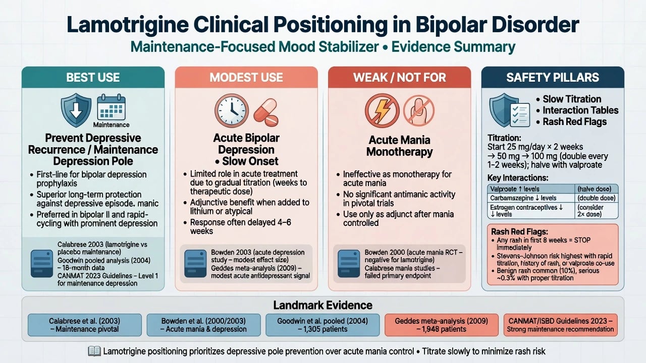 Four-column clinical positioning of lamotrigine: best use modest use weak use and safety pillars