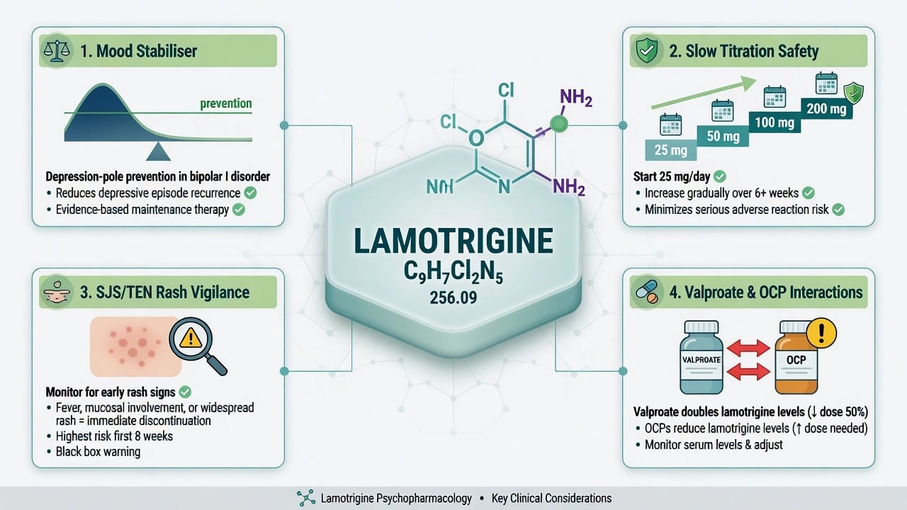 Lamotrigine key clinical pillars: depression-pole prevention, slow titration, SJS vigilance, valproate and OCP interactions