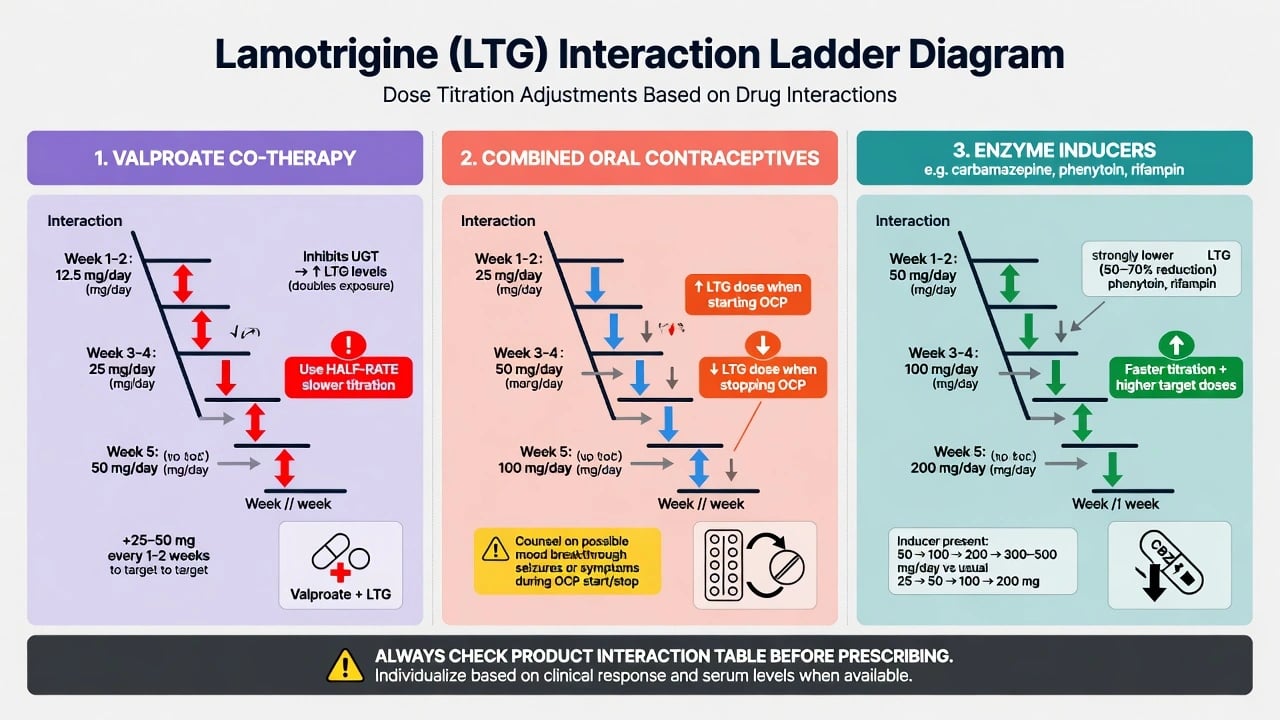 Three-lane interaction ladder for valproate, combined oral contraceptives and enzyme inducers with lamotrigine