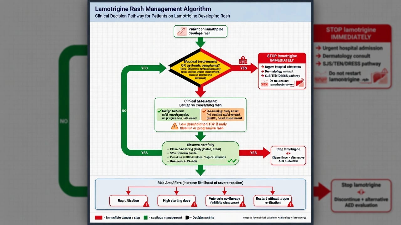 Decision algorithm for rash on lamotrigine with stop criteria for mucosal or systemic features