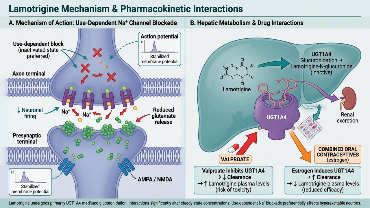 Lamotrigine use-dependent sodium channel blockade and UGT1A4 metabolism with valproate and OCP interactions