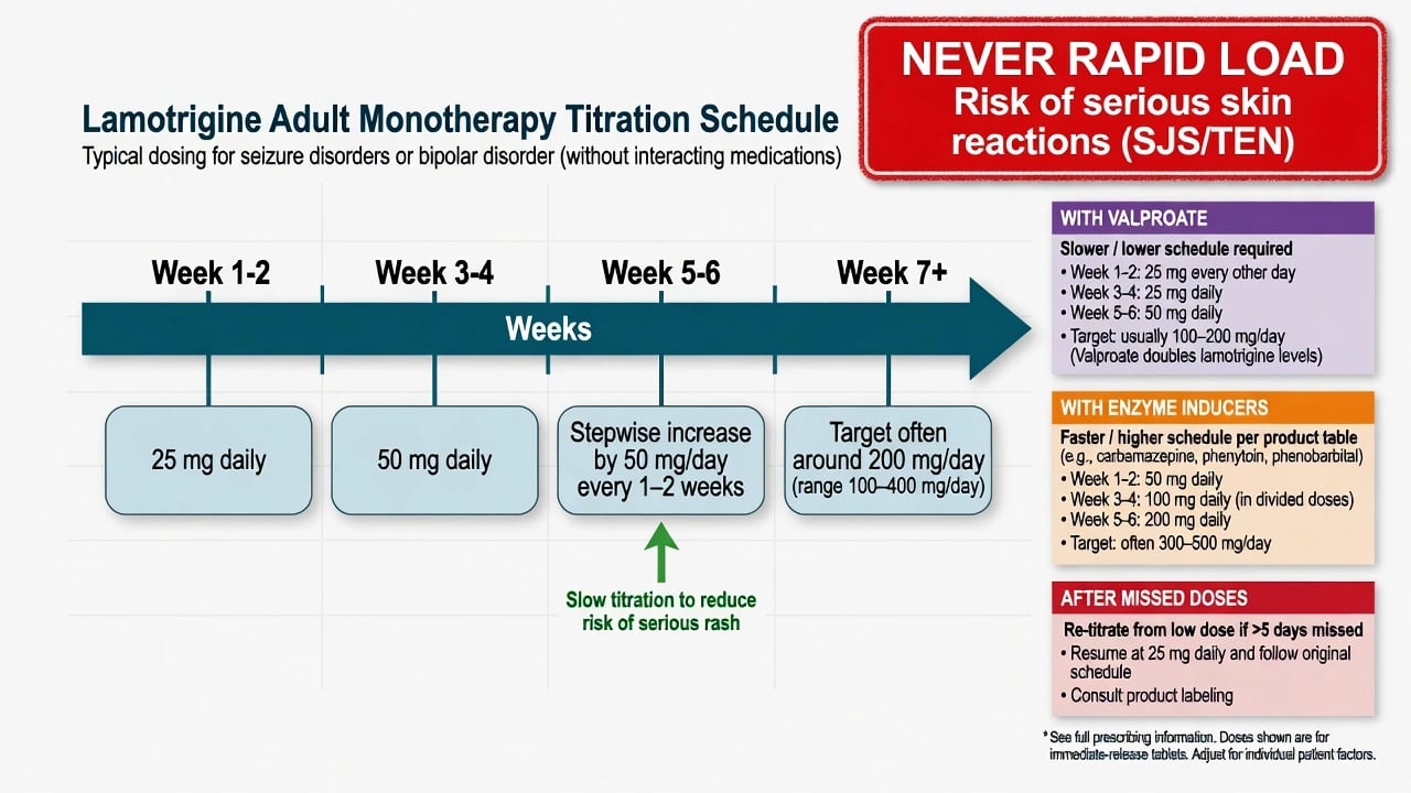 Adult lamotrigine monotherapy titration timeline with valproate and enzyme-inducer adjustment panels
