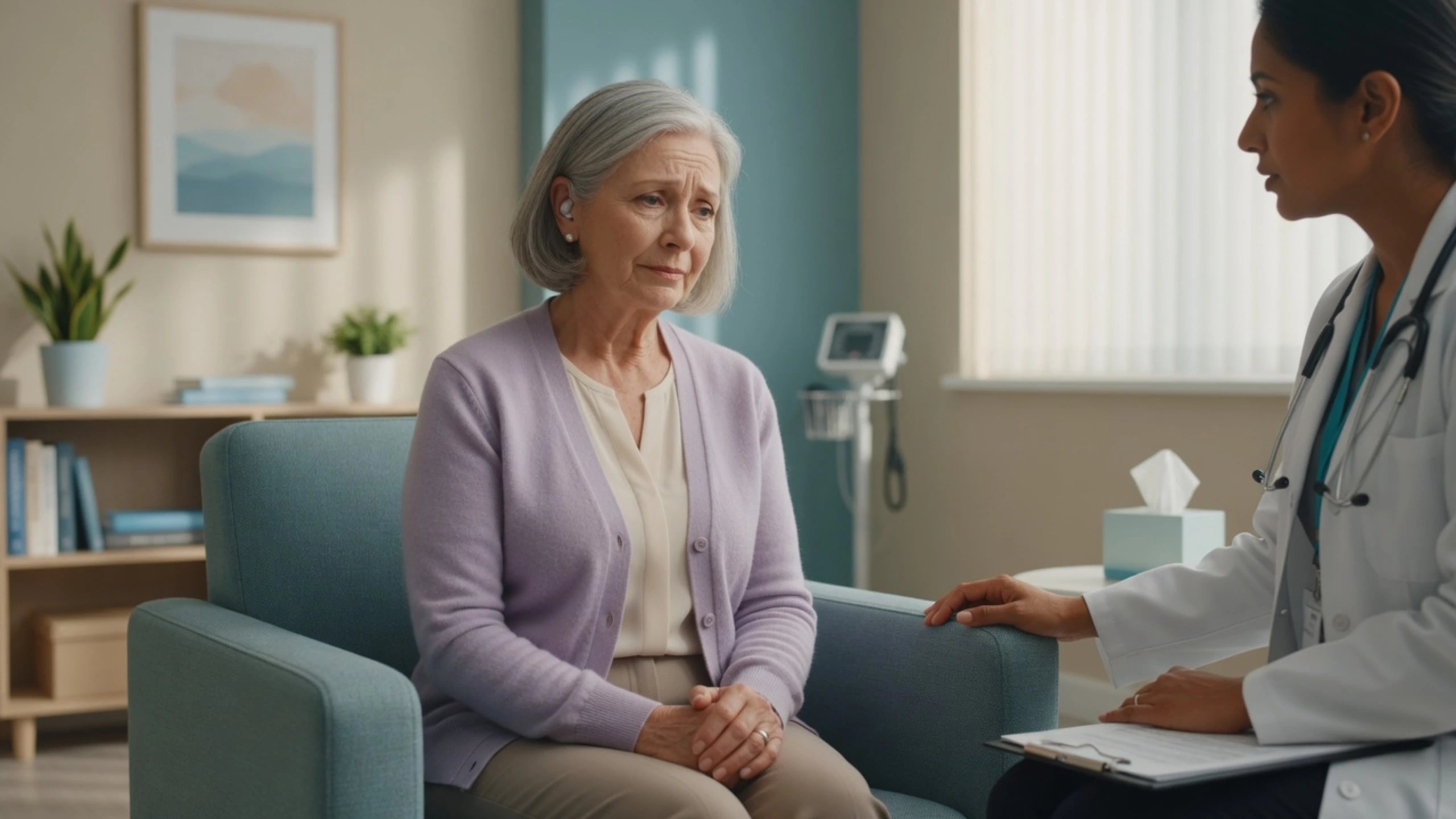 Older adult in a calm geriatric psychiatry consultation for late-life anxiety