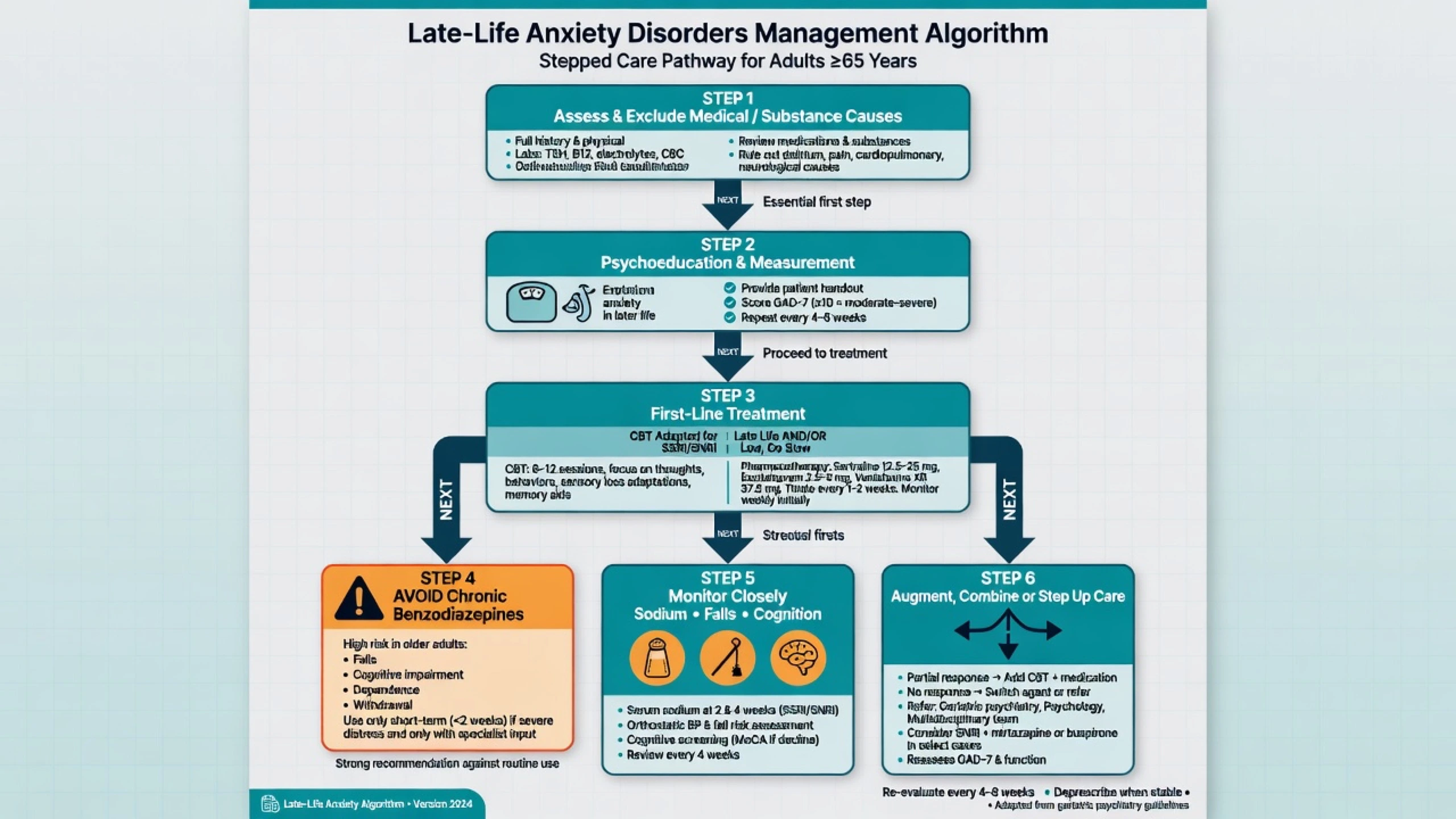 Stepped management algorithm for late-life anxiety from medical exclusion through CBT and SSRI or SNRI treatment to monitoring and step-up care