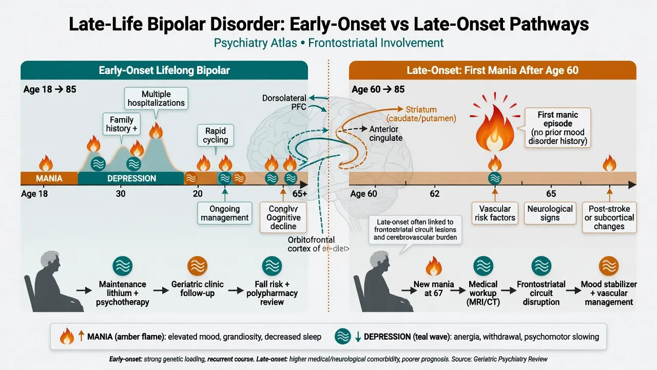 Classification of late-life bipolar: early-onset continuing into old age, late-onset first mania, and secondary organic mania