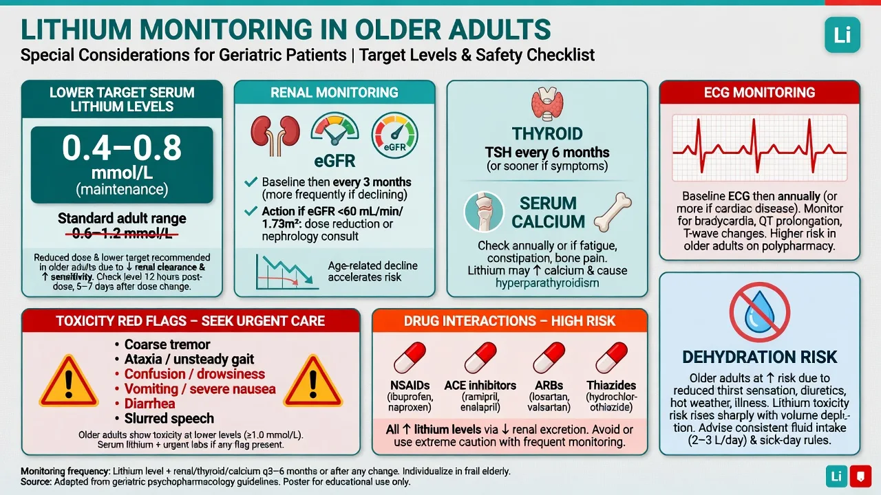 Lithium monitoring checklist for older adults including levels, renal, thyroid, calcium, ECG, interactions, and toxicity signs