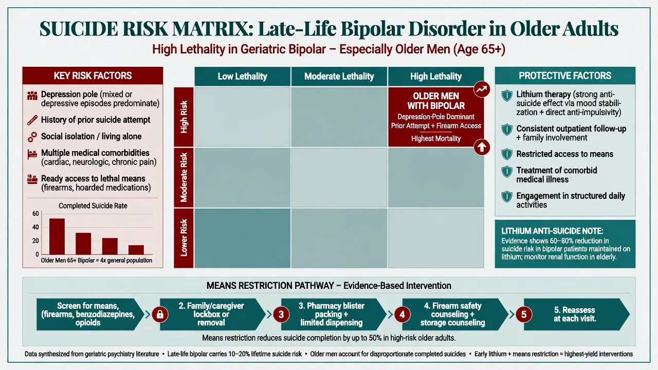 Suicide risk matrix for late-life bipolar disorder with high lethality, risk factors, protective factors, and means restriction