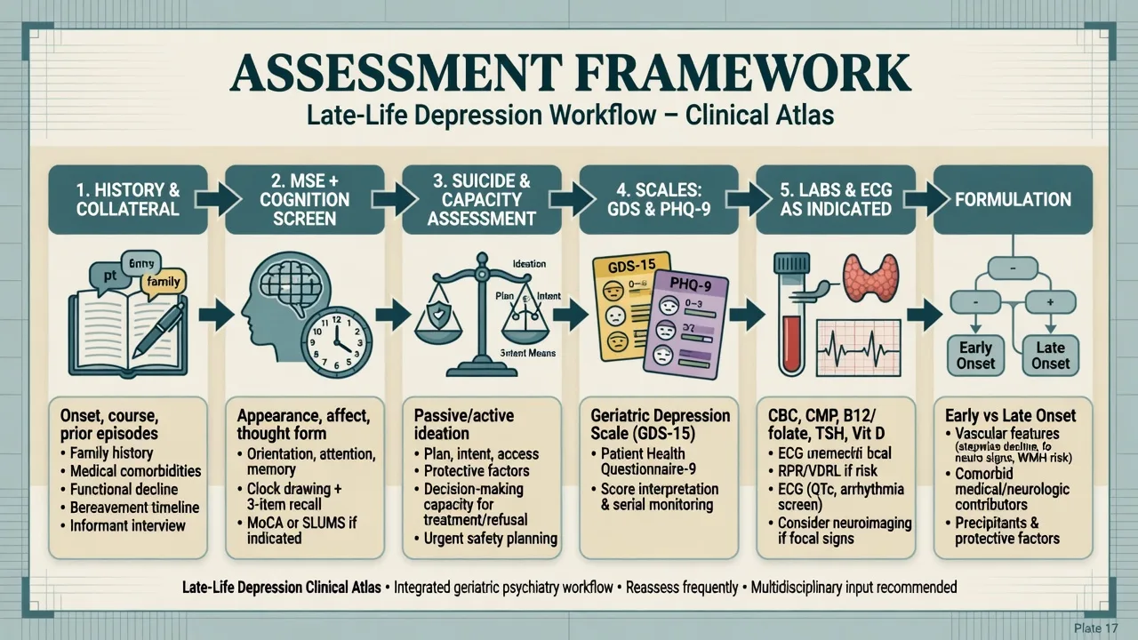 Assessment framework workflow for late-life depression from history through formulation