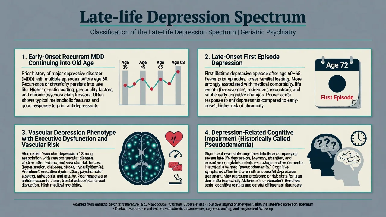 Classification spectrum of late-life depression including early-onset, late-onset, vascular phenotype, and depression-related cognitive impairment